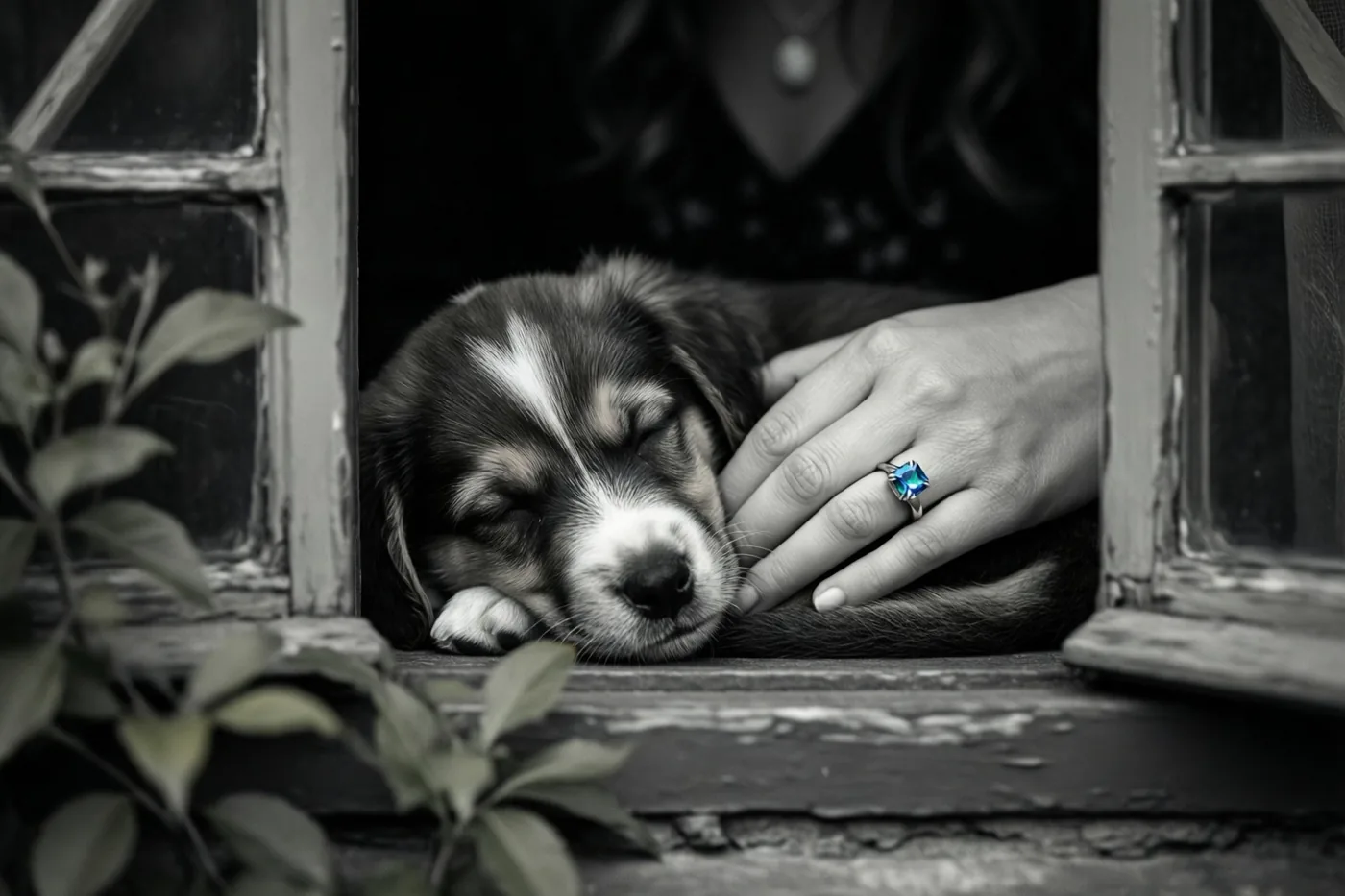 Een slapende puppy leunt met zijn kop tegen een vrouwenhand met een opvallende blauwe verlovingsring met één steen in een rustiek houten raamkozijn met groen op de voorgrond, waarbij alleen de ring fel gekleurd is.