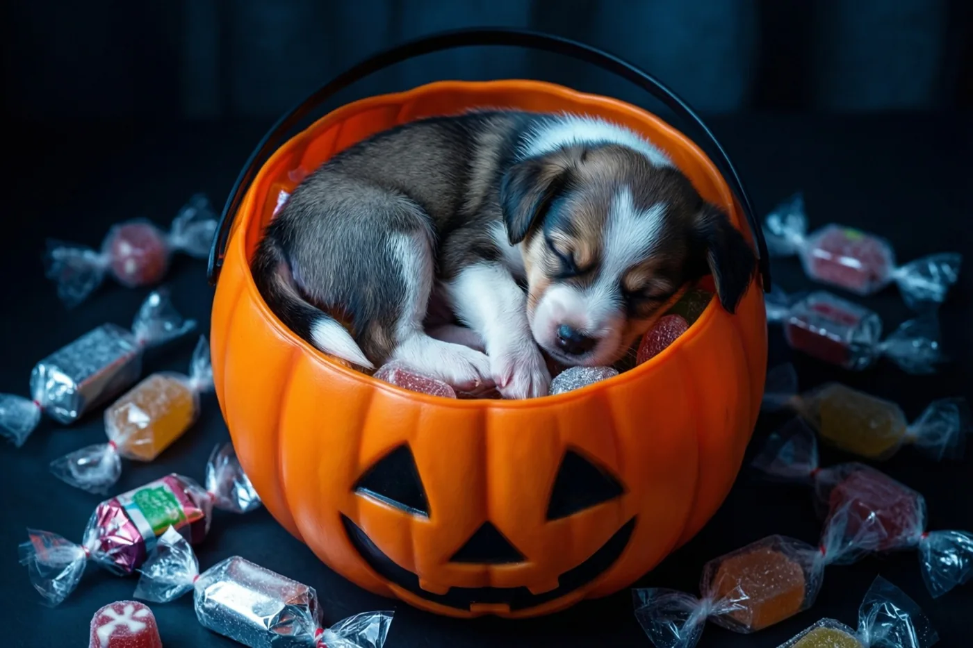 Een kleine puppy slaapt opgerold in een oranje pompoenvormige snoepemmer met verpakte snoepjes, met snoeppapiertjes rond de emmer tegen een donkere achtergrond.
