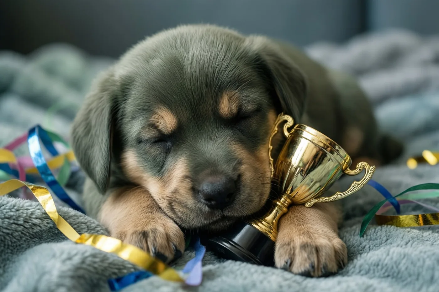 Een kleine grijsbruine puppy slaapt op een zachte grijze deken en omarmt een gouden bekertje, omringd door kleurrijke slingers.