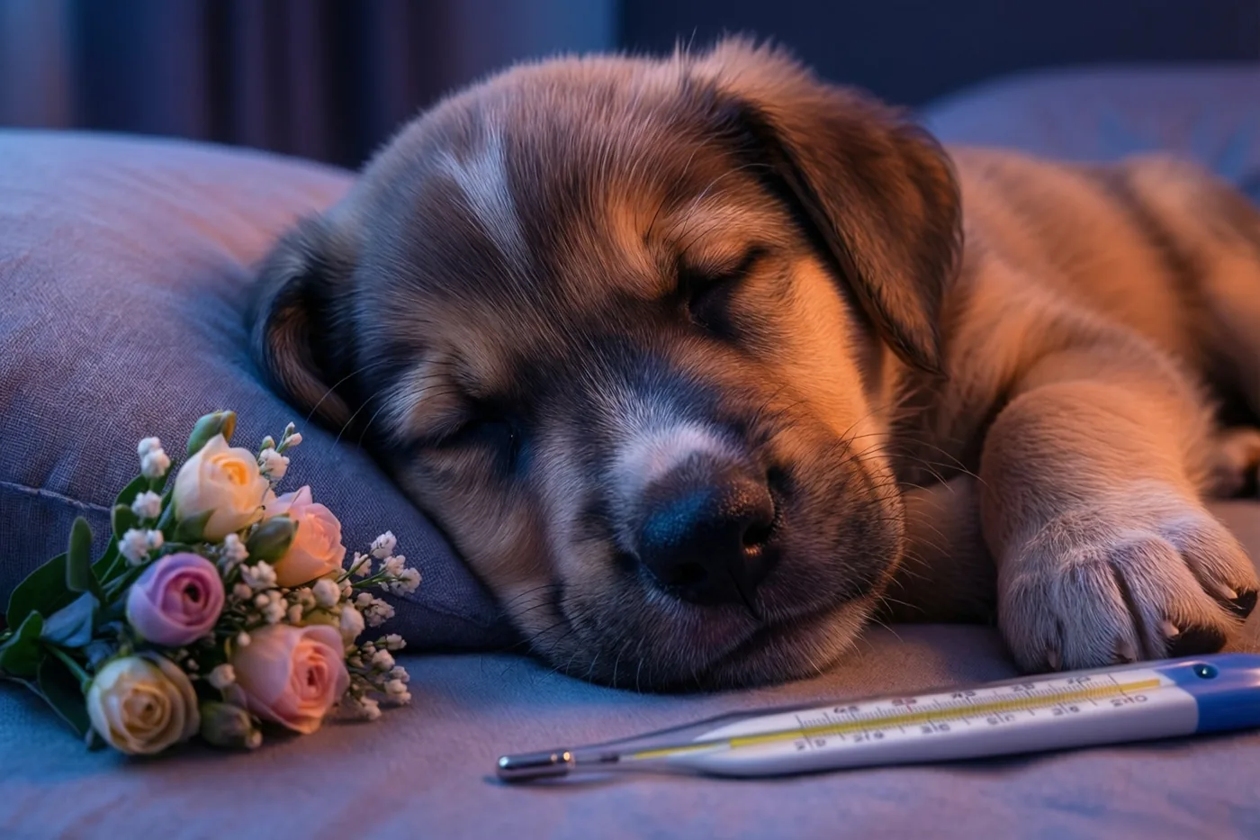Een slapende puppy legt zijn kop op een kussen naast een klein boeket rozen in pasteltinten en een thermometer, in zacht licht.