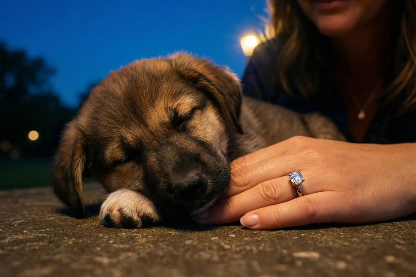 Een slapende puppy rust met zijn kop tegen een vrouwenhand met een verlovingsring met één steen, buiten in de schemering met een donkerblauwe hemel en zachte lampjes op de achtergrond.