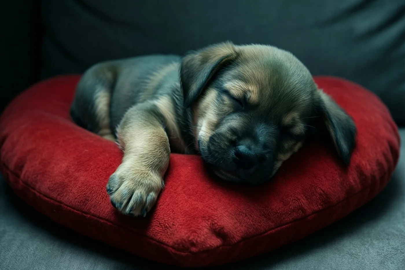 Een kleine puppy slaapt op een rood hartvormig kussen tegen een donkergrijze achtergrond.
