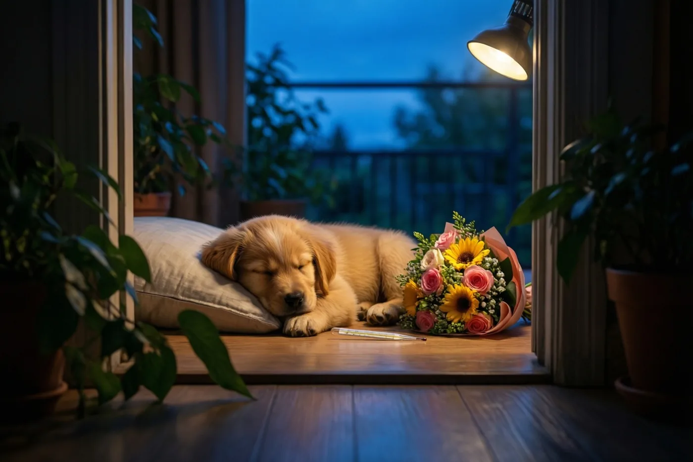 Een goudkleurige puppy slaapt op een kussen op een houten vensterbank, naast een kleurrijk boeket en een thermometer, in warm lamplicht met een blauwe schemering buiten.