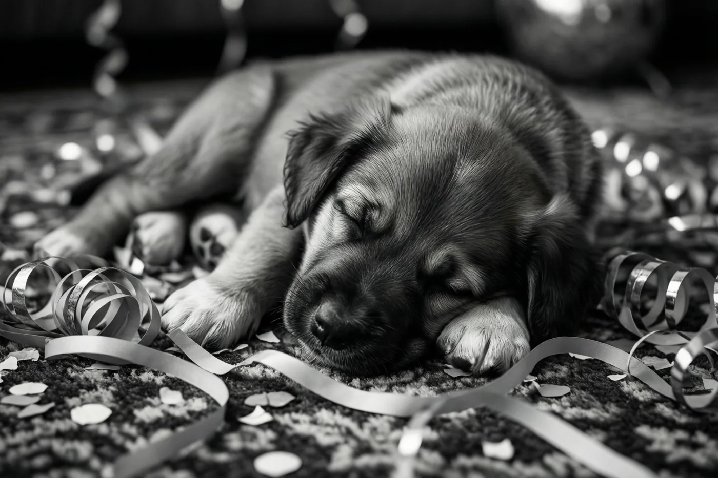 Een kleine puppy slaapt op een tapijt met een patroon tussen verwarde zilveren slingers en confetti in een zwart-wit beeld.