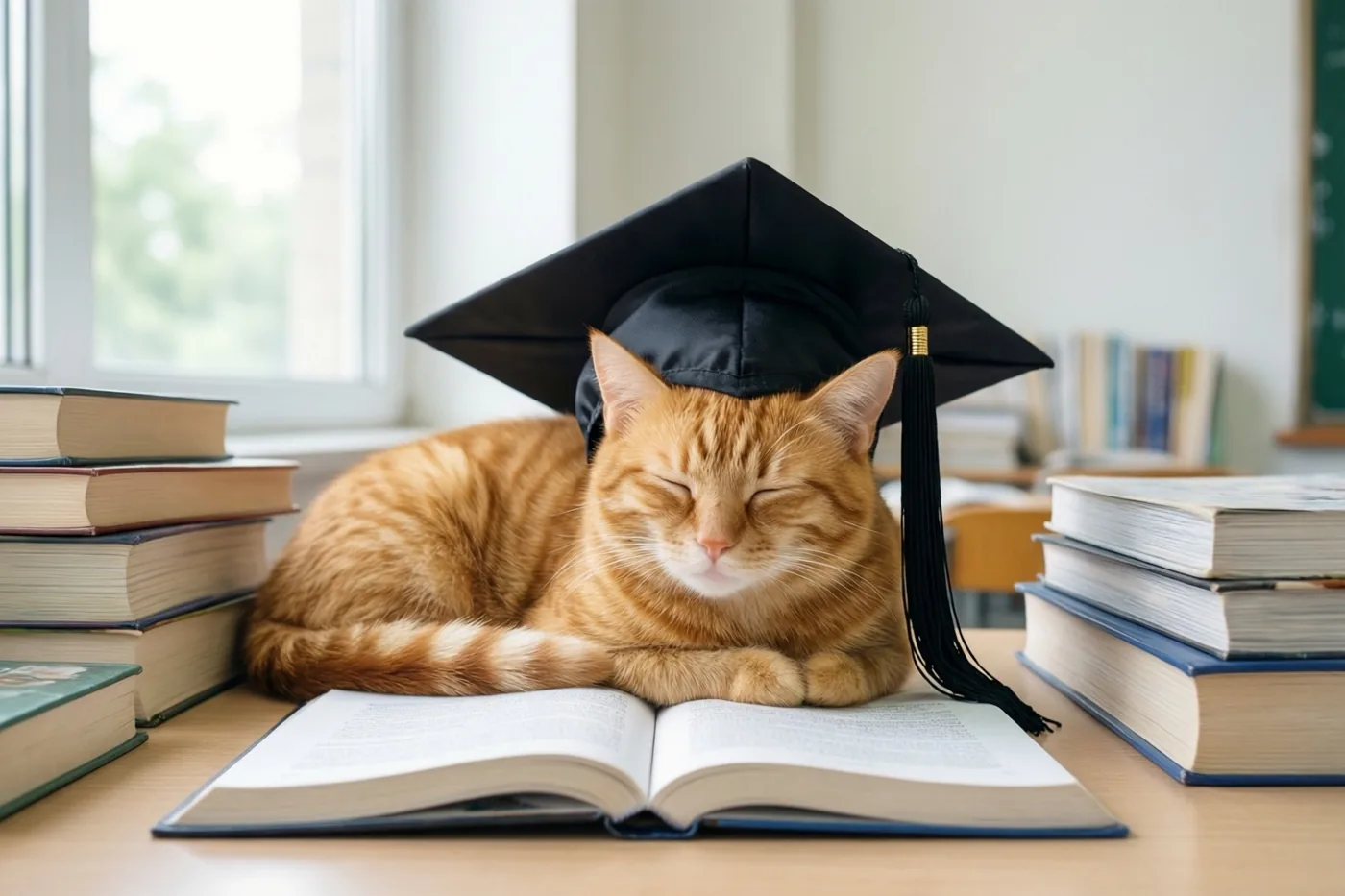 Een rosse kat met een afstudeerhoed slaapt op een open boek op een houten bureau tussen stapels boeken, in een lichte studeerkamer.