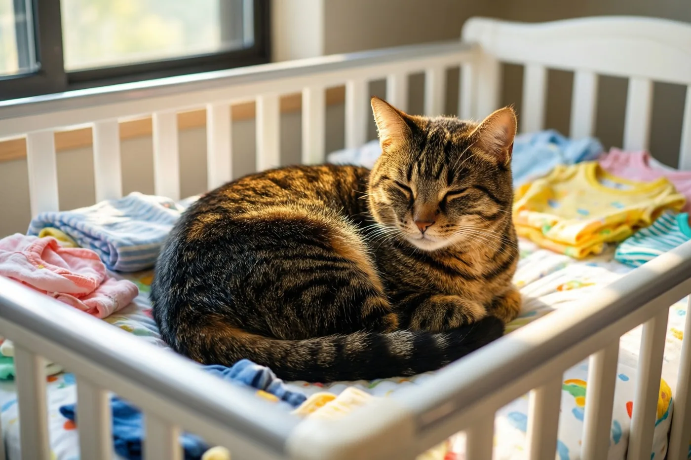 Een tijgerkat ligt opgekruld te slapen in een wit babybedje met netjes opgevouwen babykleertjes, in zacht ochtendlicht uit een raam.