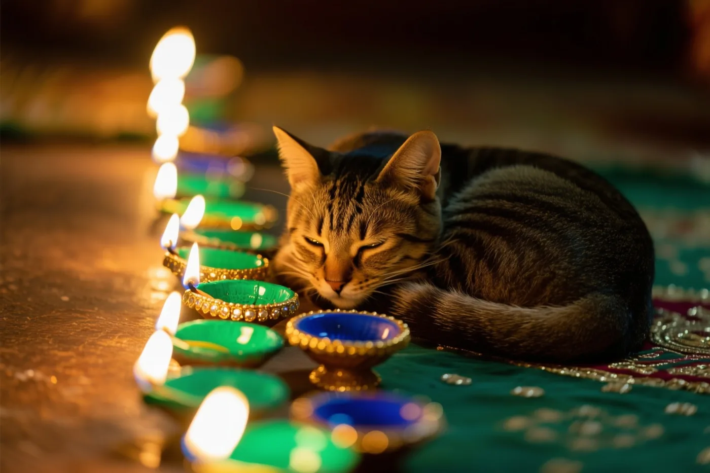 Een tijgerkat slaapt opgekruld op groene stof met een patroon naast een rij brandende, kleurrijke olielampjes.