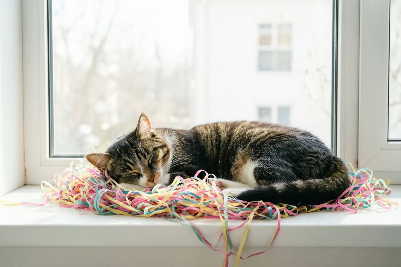 Een tijgerkat slaapt tussen kleurrijke serpentines op een witte vensterbank, met zacht daglicht en een onscherpe buitenachtergrond.