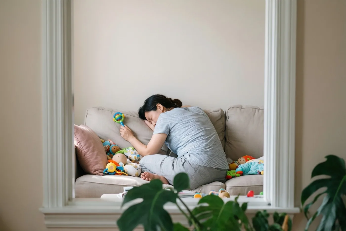 Een vrouw slaapt met een rammelaar in haar hand op een beige zetel tussen babyspeelgoed, van achteren gezien door een wit raam- of deurkozijn met groene bladeren op de voorgrond.