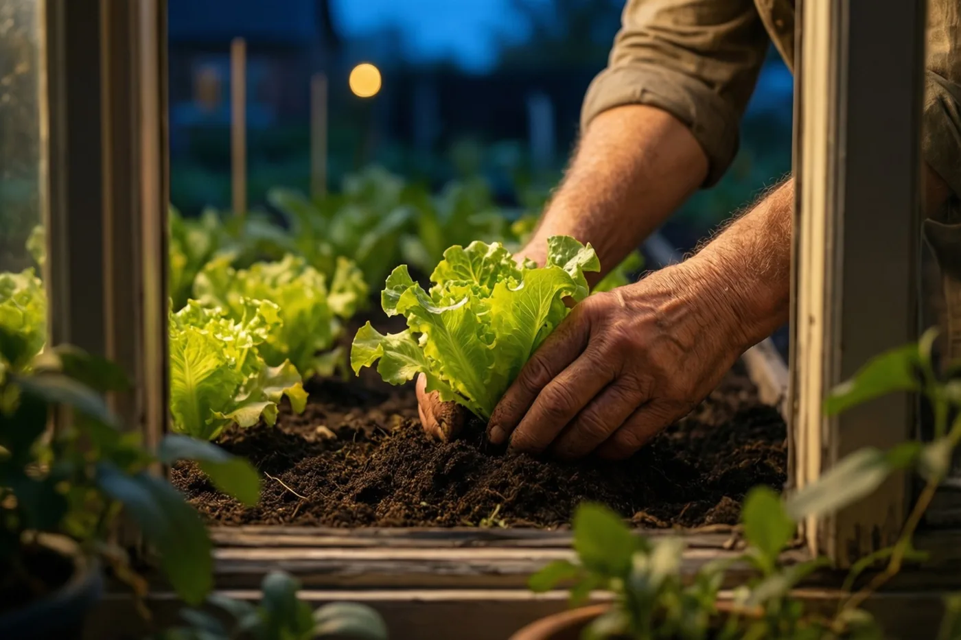 Doorleefde handen planten een jong slaplantje in donkere aarde in een serre, met een blauwe avondlucht en warm licht op de achtergrond.