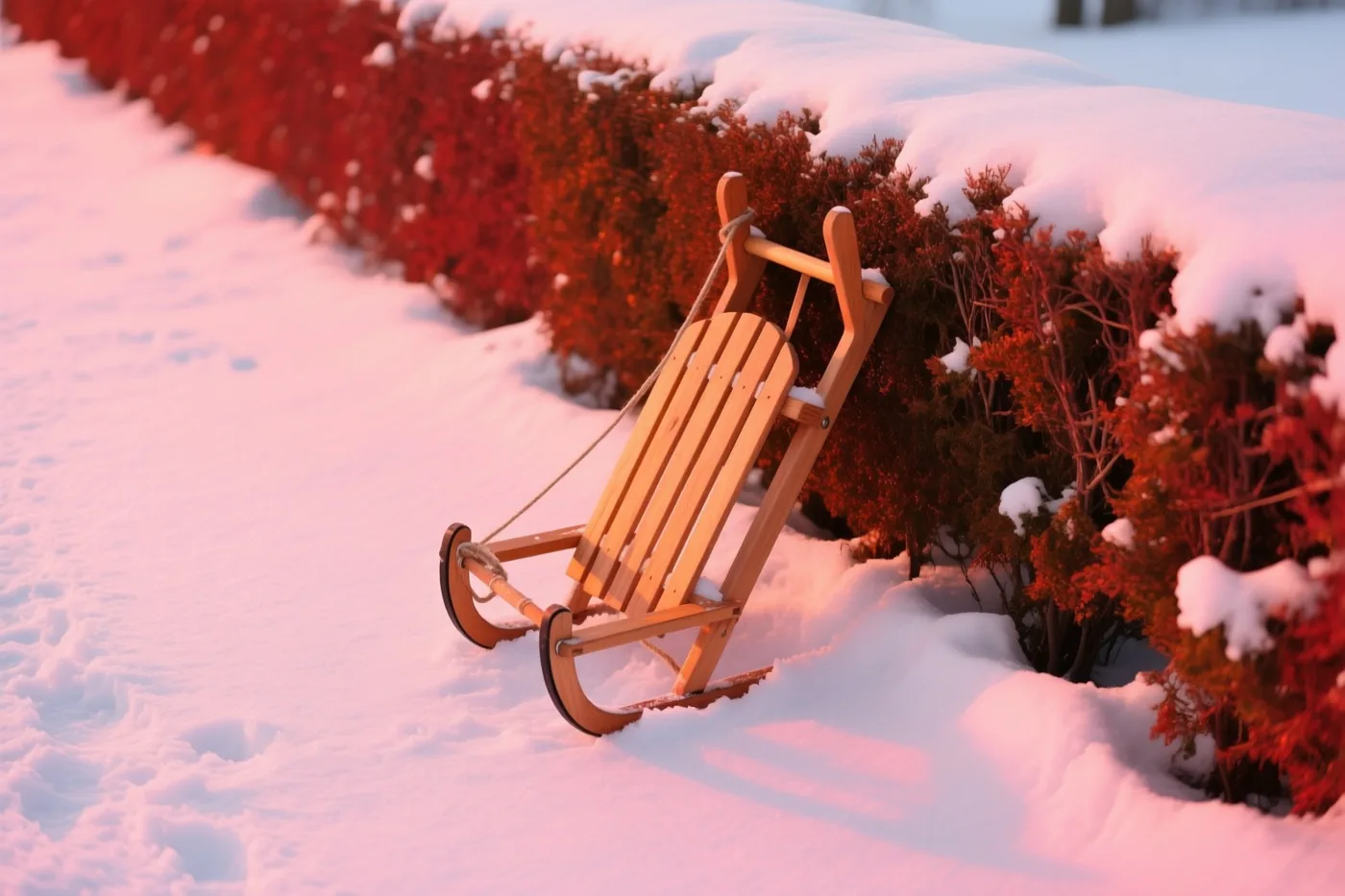 Een houten slee leunt tegen een besneeuwde haag met roodbruin blad.