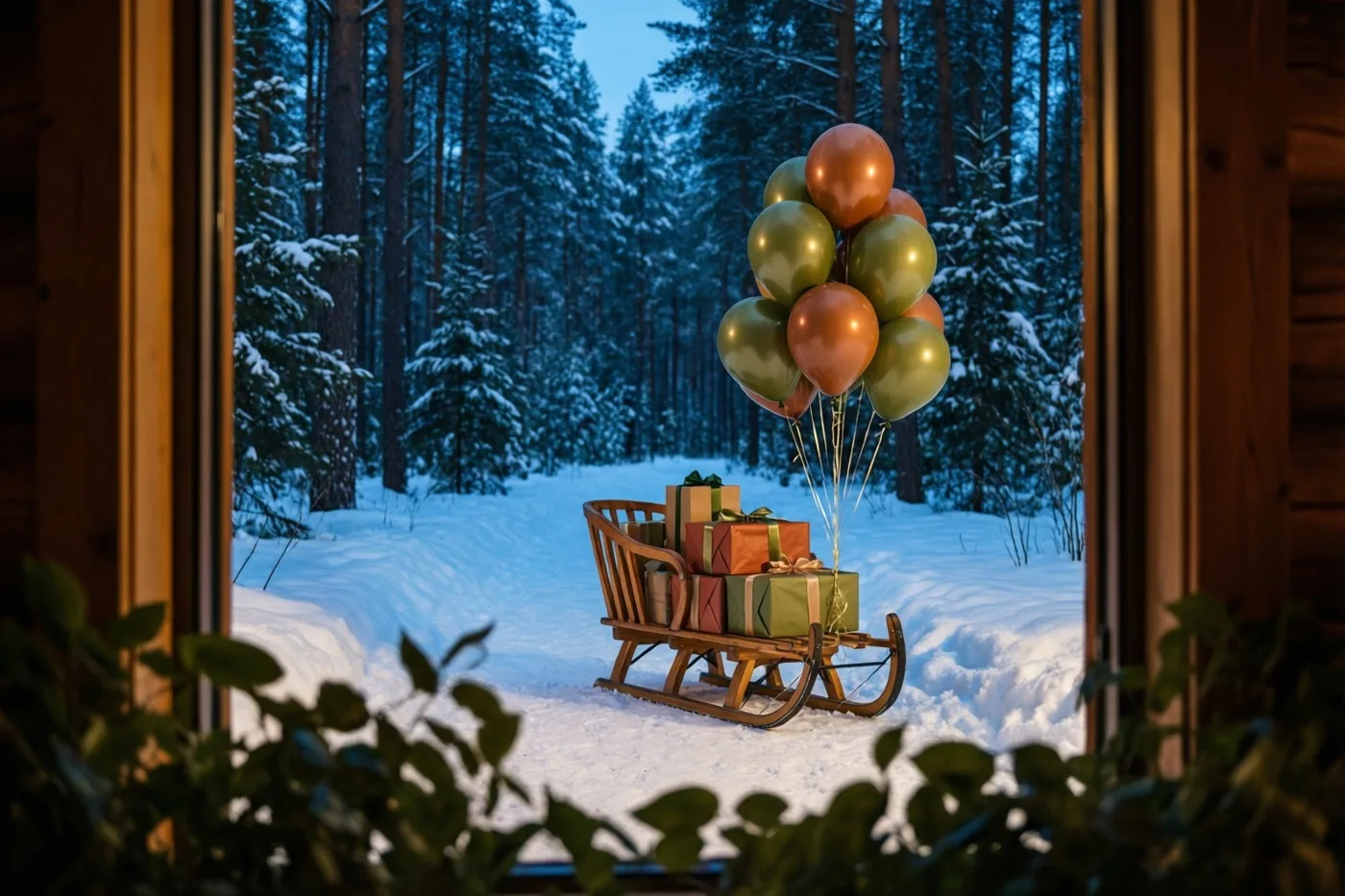 Door een raam met groen op de voorgrond is een houten slee met ingepakte cadeaus en ballonnen in een besneeuwd bos bij schemering te zien.