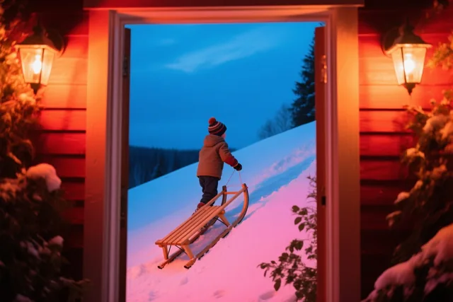 Door de open deur van een warm verlichte hut is een kind van achteren te zien dat een houten slee een besneeuwde helling op trekt, met lichtgevende lantaarns rond de deuropening.