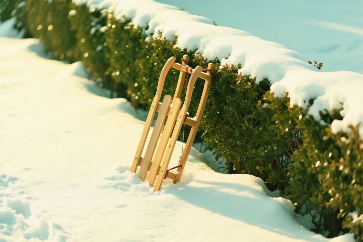 Een houten slee leunt tegen een besneeuwde haag in een tuin met groen blad en warm, goudkleurig zonlicht.