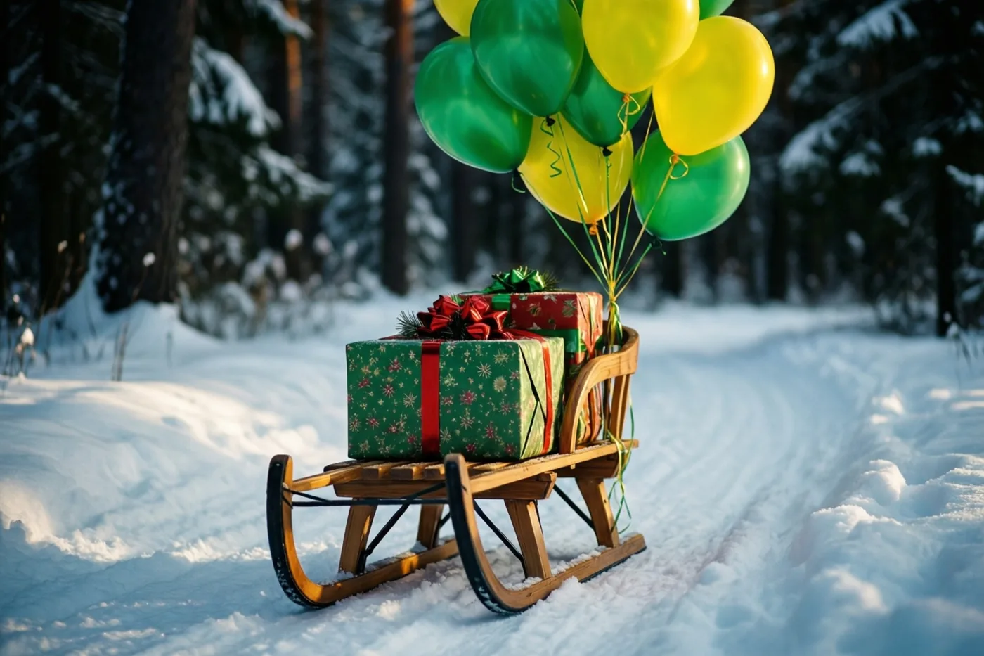 Een houten slee met ingepakte kerstcadeaus en groene en gele ballonnen staat op een besneeuwd bospad in zacht, warm zonlicht.