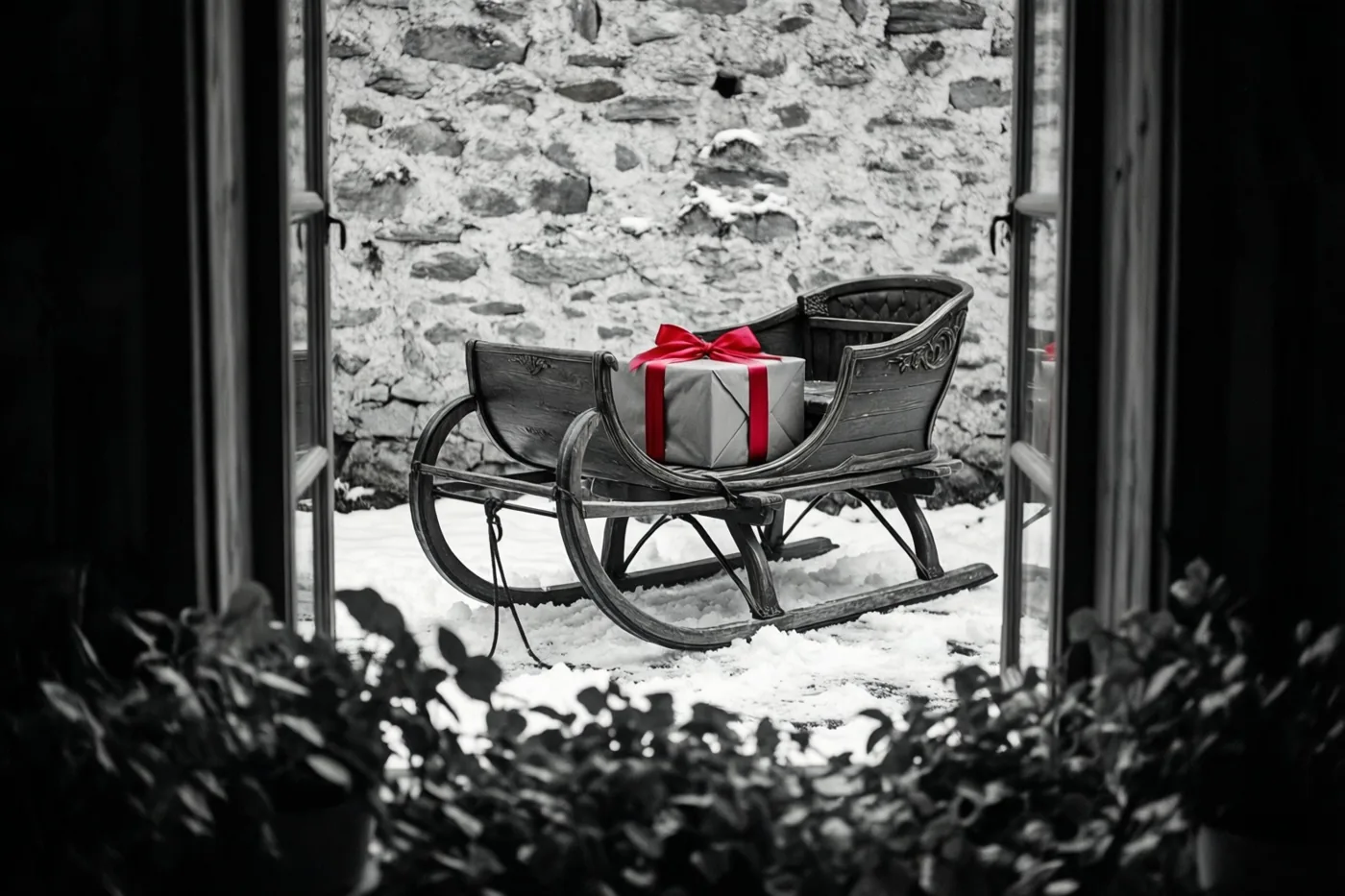 Door een open deuropening is een oude houten slee in de sneeuw te zien met een ingepakt cadeau met rood lint, in een verder grotendeels kleurloos beeld.