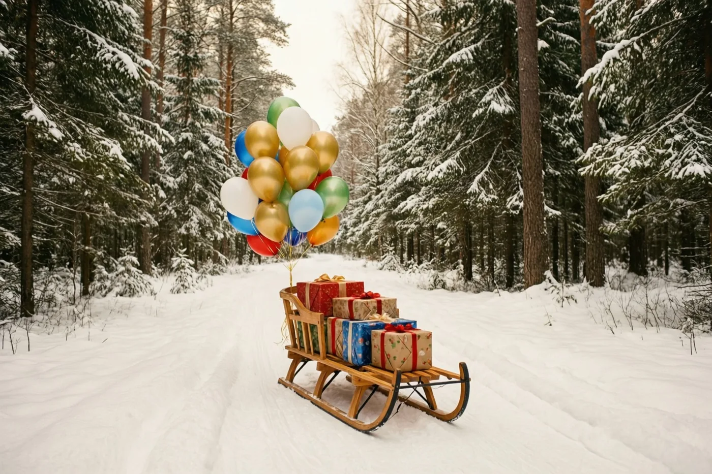 Een houten slee met ingepakte cadeaus en kleurrijke ballonnen rijdt over een besneeuwd pad door een dicht bos met donkergroene dennen.