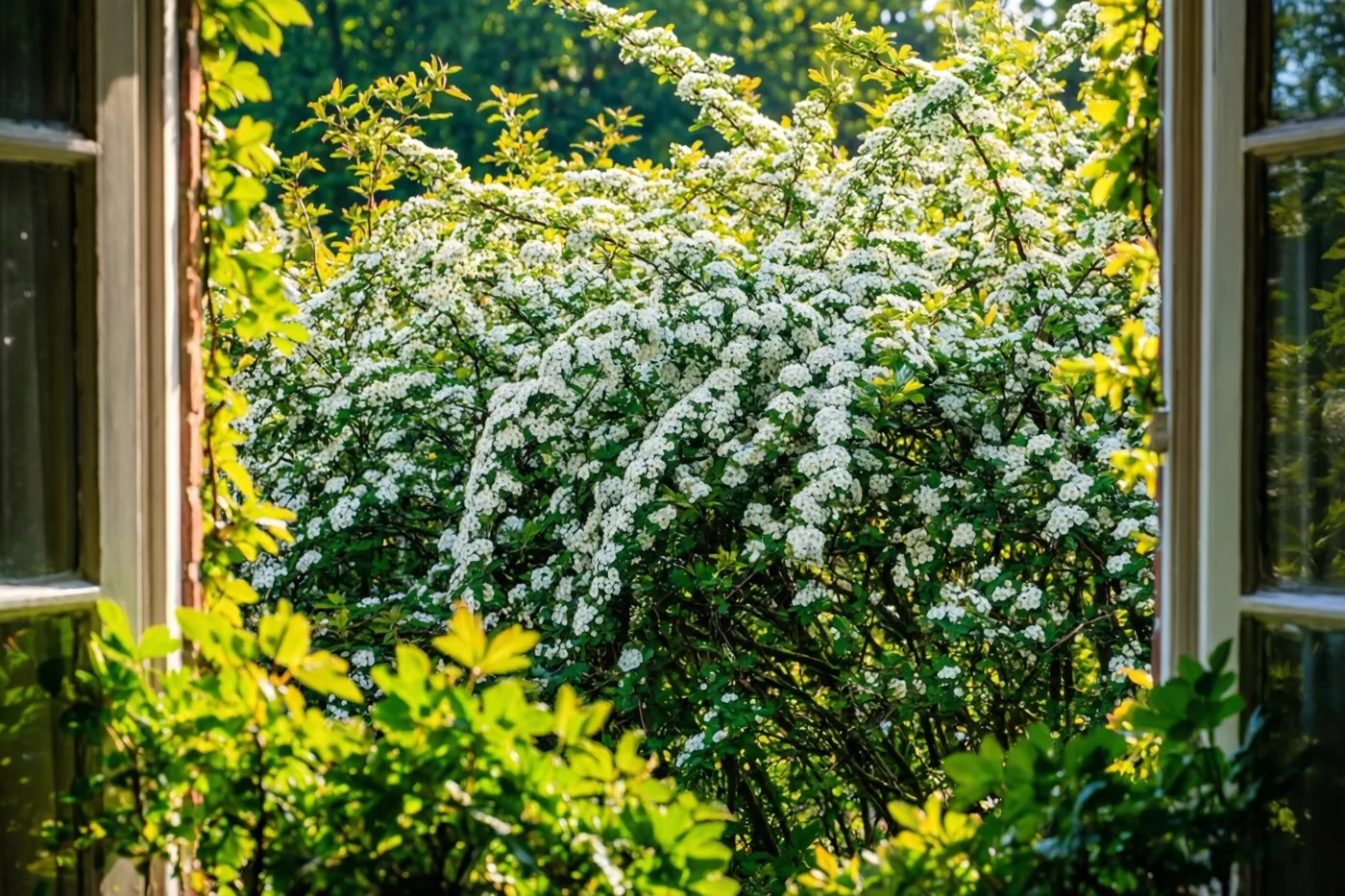 Door een open raam is een dichte haag met witte sleedoornbloesems en groene bladeren te zien op een zonnige dag.