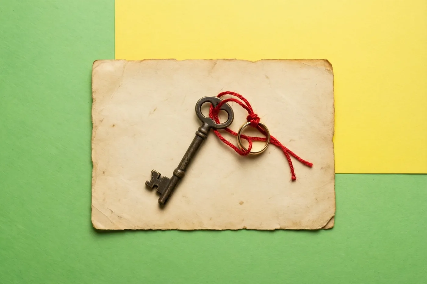 Een oude sleutel en een gouden ring zijn met een rood touwtje aan elkaar gebonden op verouderd papier, tegen een groen-gele achtergrond.