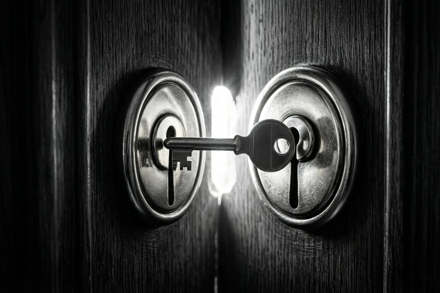 Een zwart-witfoto toont een sleutel in het slot van een donkere houten deur met fel licht door het sleutelgat.