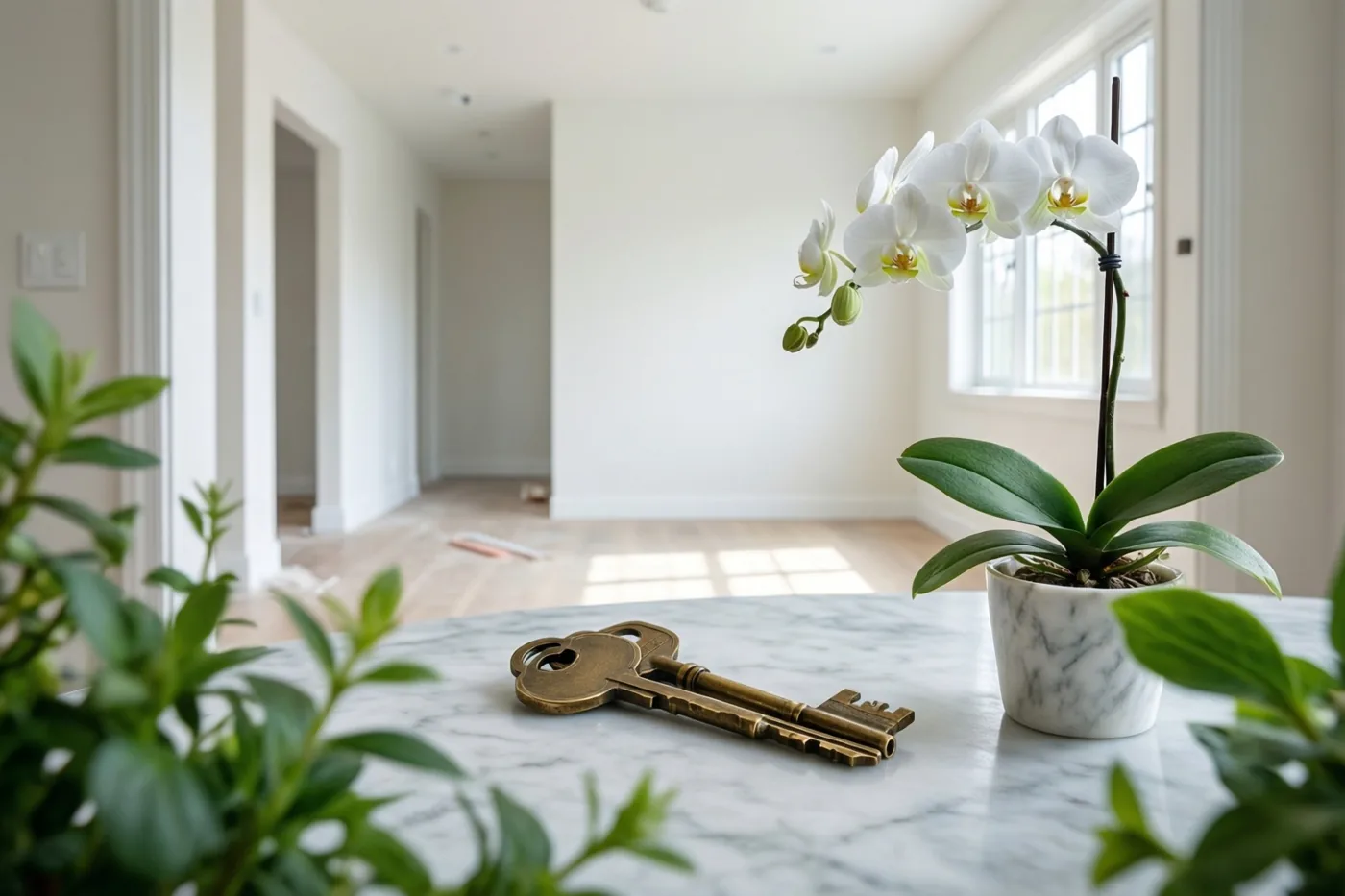 Een messing sleutel ligt op een marmeren tafel naast een witte orchidee in een witmarmeren pot, met een lege, lichte woning op de achtergrond.