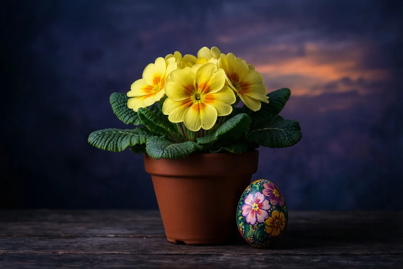 Een gele sleutelbloem in een pot staat met een kleurrijk beschilderd ei op donker hout onder een donkere lucht met oranje en paarse tinten.