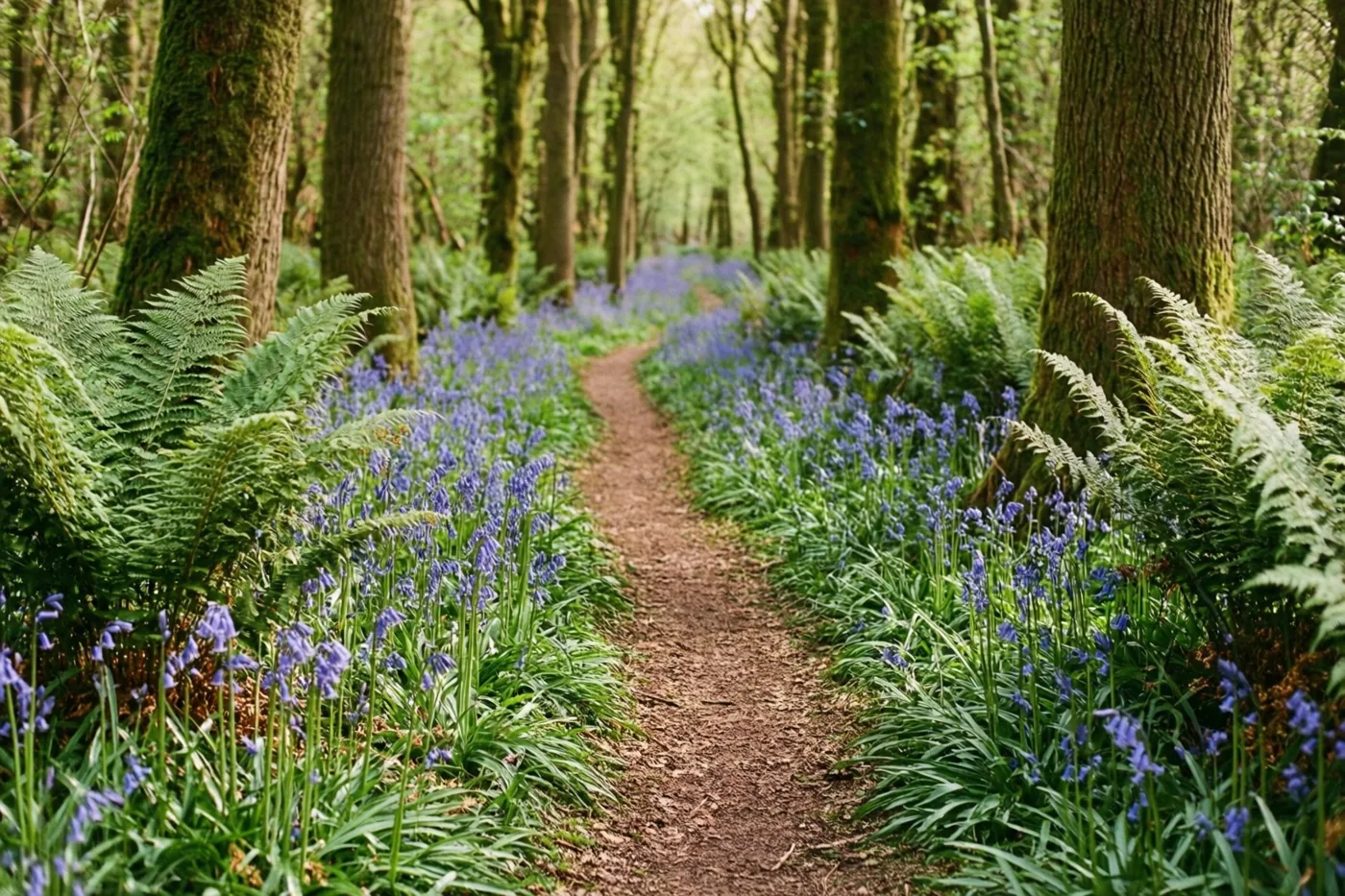 Een kronkelend aarden pad loopt door een dicht bos met groene varens en tapijten van bloeiende boshyacinten in zacht natuurlijk licht.