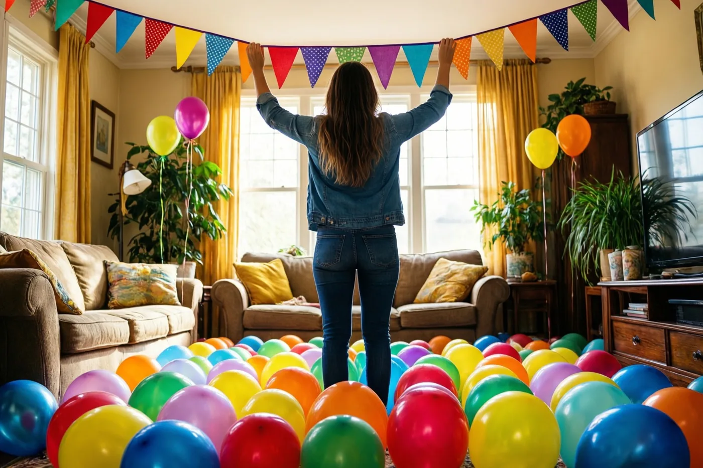 Iemand met lang donker haar en jeanskleding hangt een kleurrijke slinger op in een lichte woonkamer met ballonnen, zitbanken, planten en grote ramen met gele gordijnen.