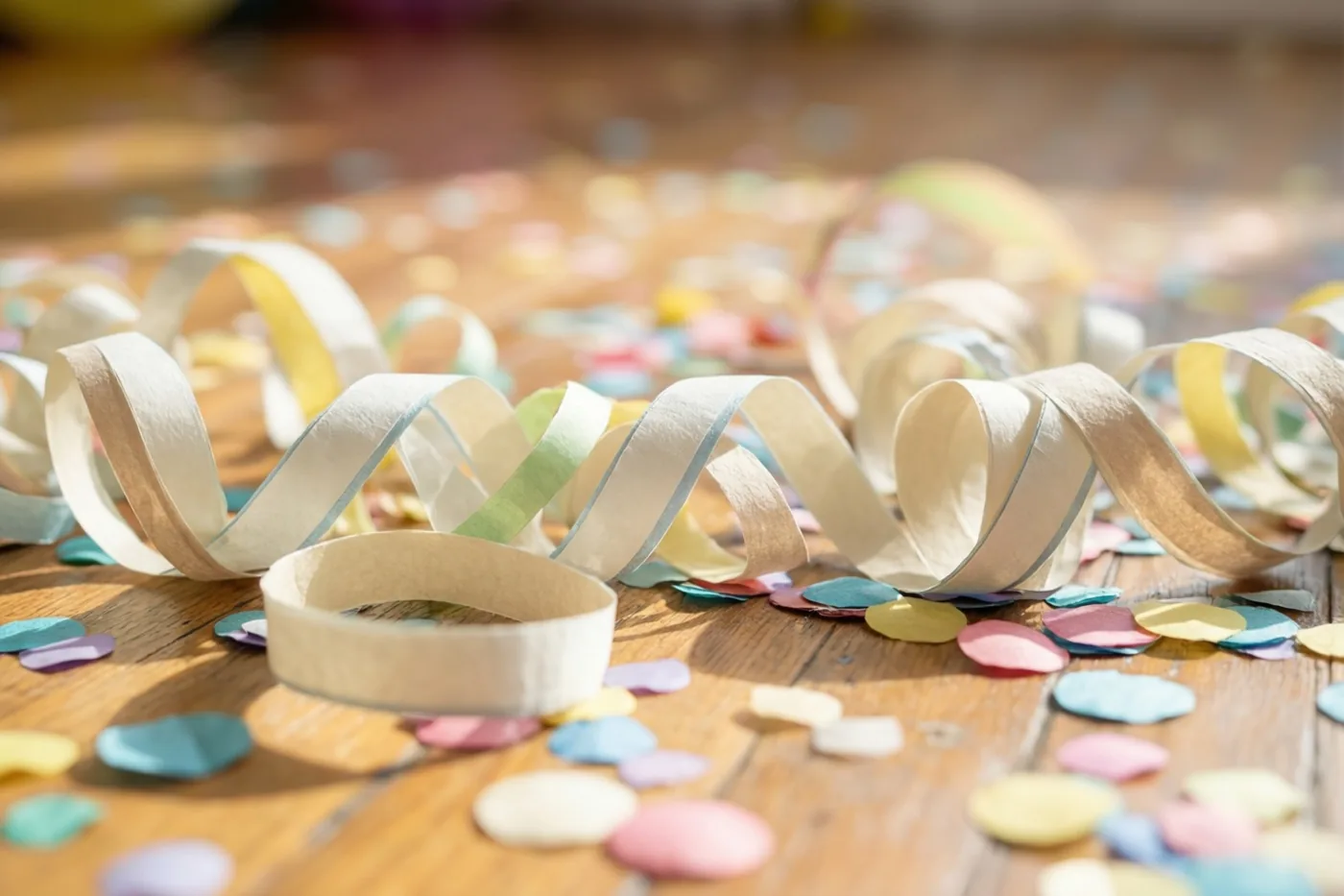 Kleurrijke papieren slingers en confetti liggen verspreid over een houten vloer in zonlicht, in pastelkleuren en felle tinten.