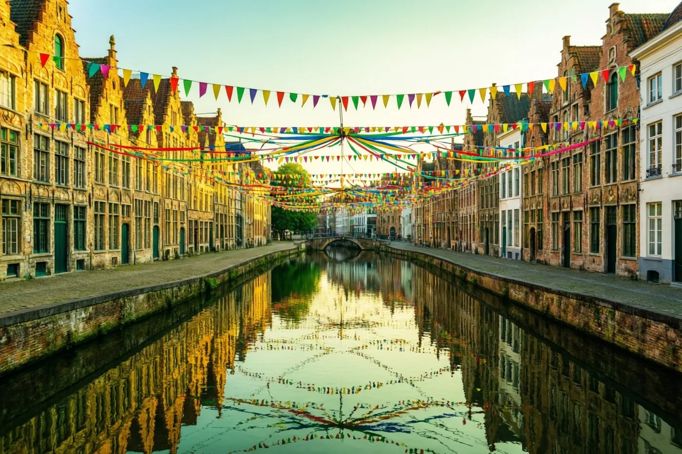 Carnavalsvlaggetjes en slingers hangen boven een kanaal tussen oude Vlaamse gebouwen en weerspiegelen in het kalme water in warm gouden licht.