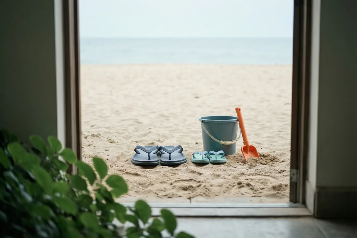 Door een deuropening zijn grote en kleine teenslippers op een zandstrand te zien naast een blauwe emmer en een oranje schopje.