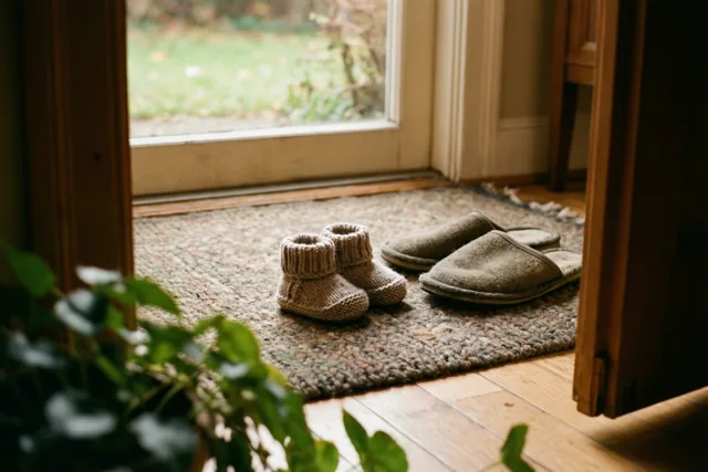 Gebreide babyslofjes en versleten pantoffels voor volwassenen staan naast elkaar op een wollen tapijt bij een deuropening in warm natuurlijk licht.