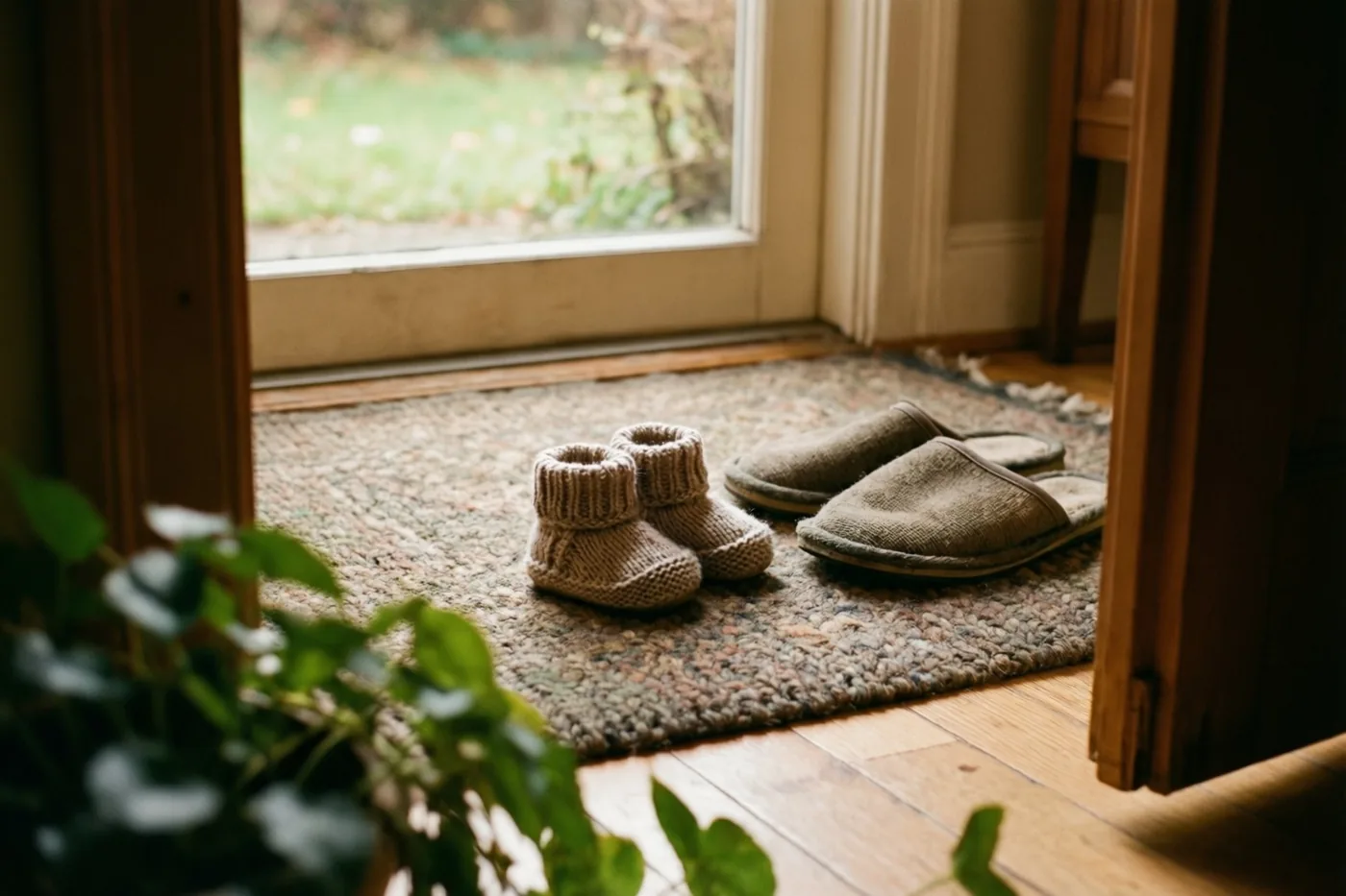 Gebreide babyslofjes en versleten pantoffels voor volwassenen staan naast elkaar op een wollen tapijt bij een deuropening in warm natuurlijk licht.