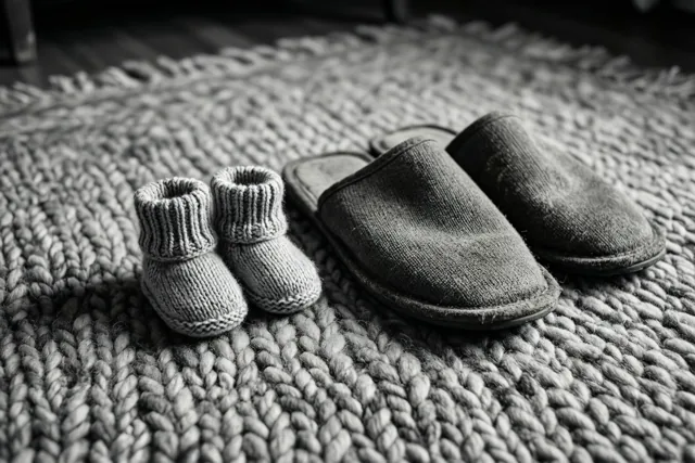 Een zwart-witfoto toont kleine gebreide babyslofjes naast versleten pantoffels voor volwassenen op een dik wollen tapijt met duidelijke structuur.