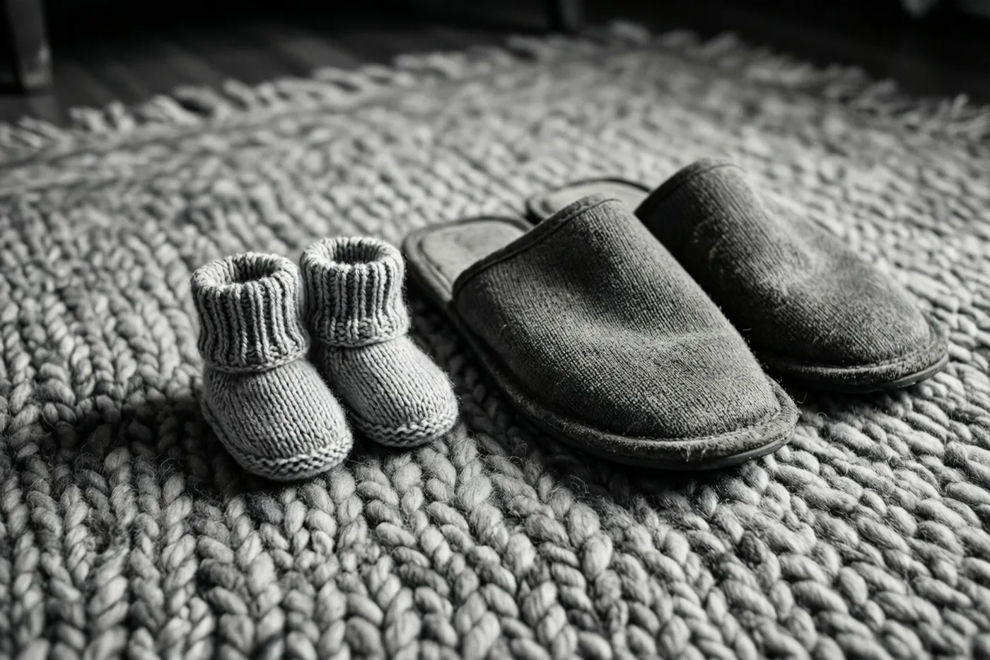 Een zwart-witfoto toont kleine gebreide babyslofjes naast versleten pantoffels voor volwassenen op een dik wollen tapijt met duidelijke structuur.