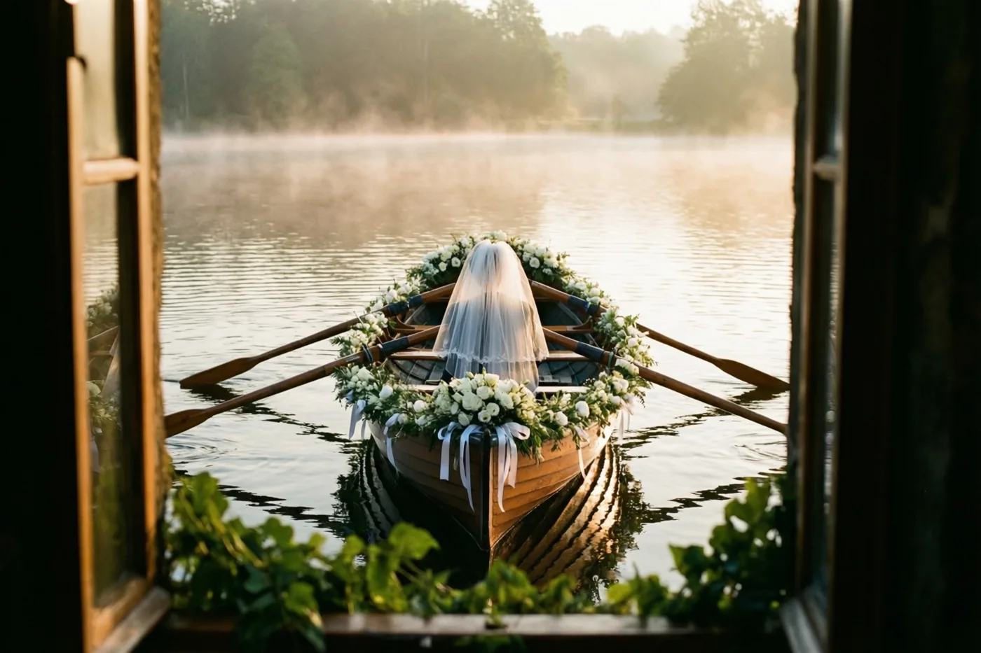 Door een raam met een houten kader is een roeiboot met witte bloemen, linten en een bruidssluier over de zitbank te zien op een mistig meer bij dageraad.