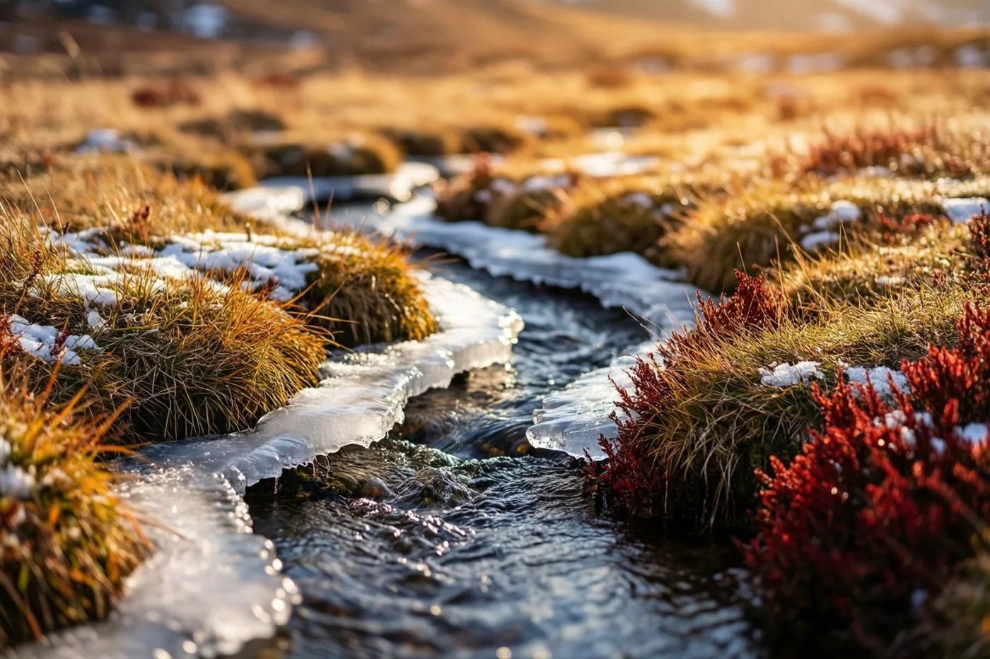 Een smalle beek met stromend water en ijspegels slingert door een weide met sneeuw, droog gras en rode struiken in warm goudkleurig licht.