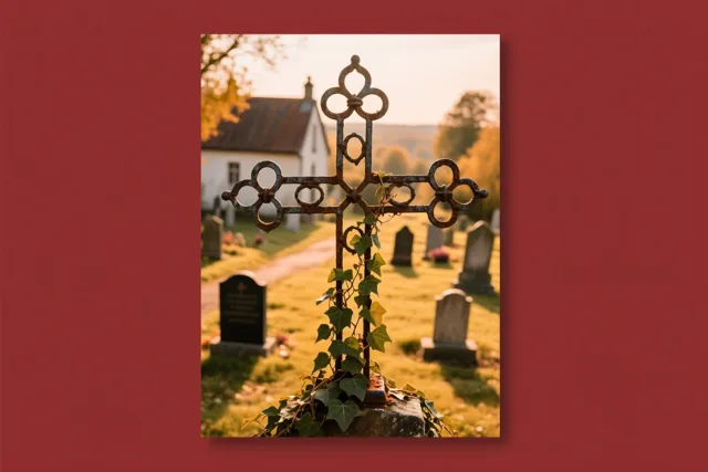 Een verweerd smeedijzeren kruis met klimop aan de voet staat op een dorpskerkhof, met grafstenen en een kerk in goudkleurig licht.