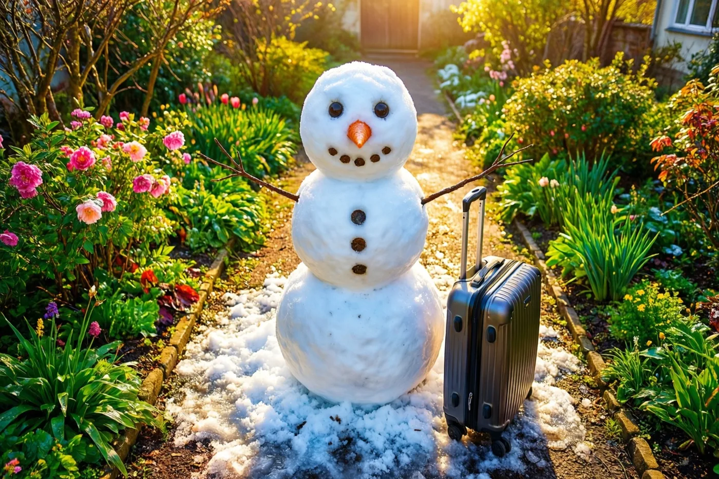 Een sneeuwman met een koffer smelt op een tuinpad tussen bloeiende bloemen en groen in de warme lentezon.
