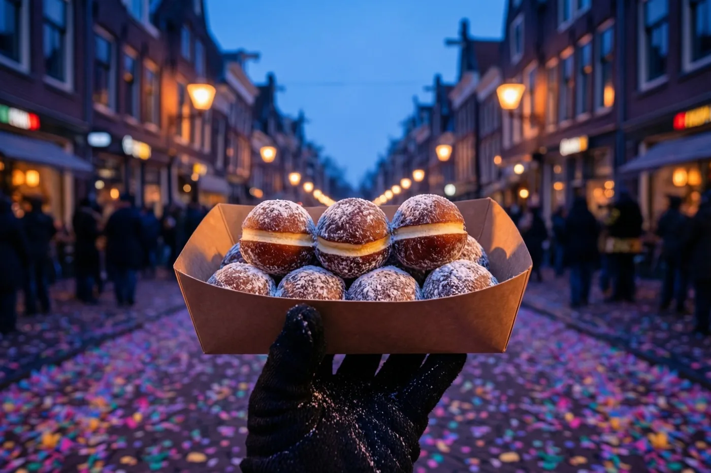 Een hand met een zwarte handschoen houdt een papieren bakje smoutebollen met poedersuiker voor een straat met confetti, traditionele gebouwen en warme straatverlichting bij schemering.