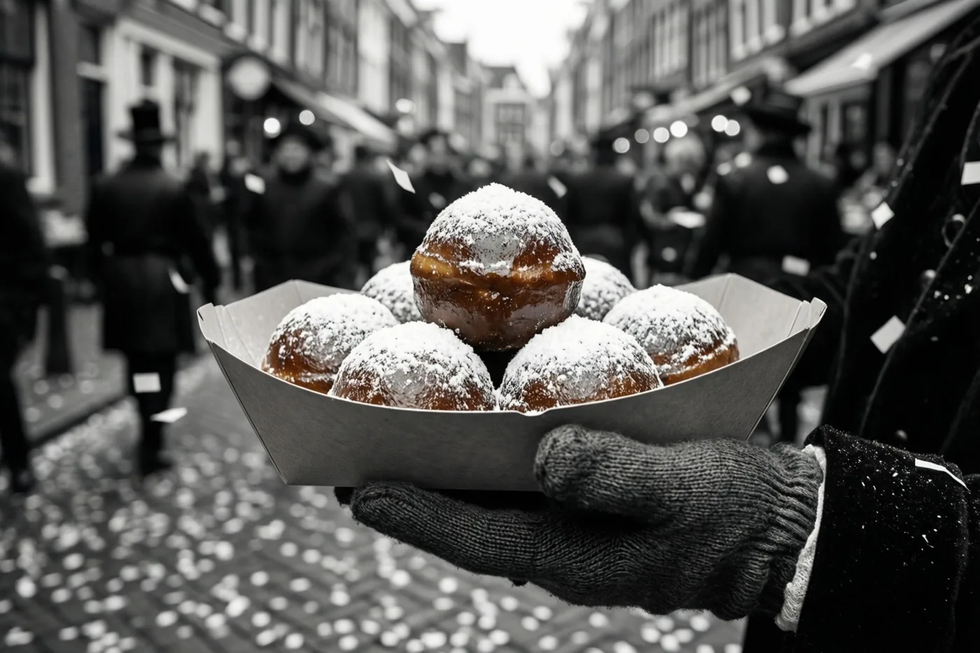 Een zwart-witfoto toont een hand met een donkere gebreide handschoen die een papieren bakje smoutebollen met poedersuiker vasthoudt voor een onscherpe straat met confetti en verklede mensen.
