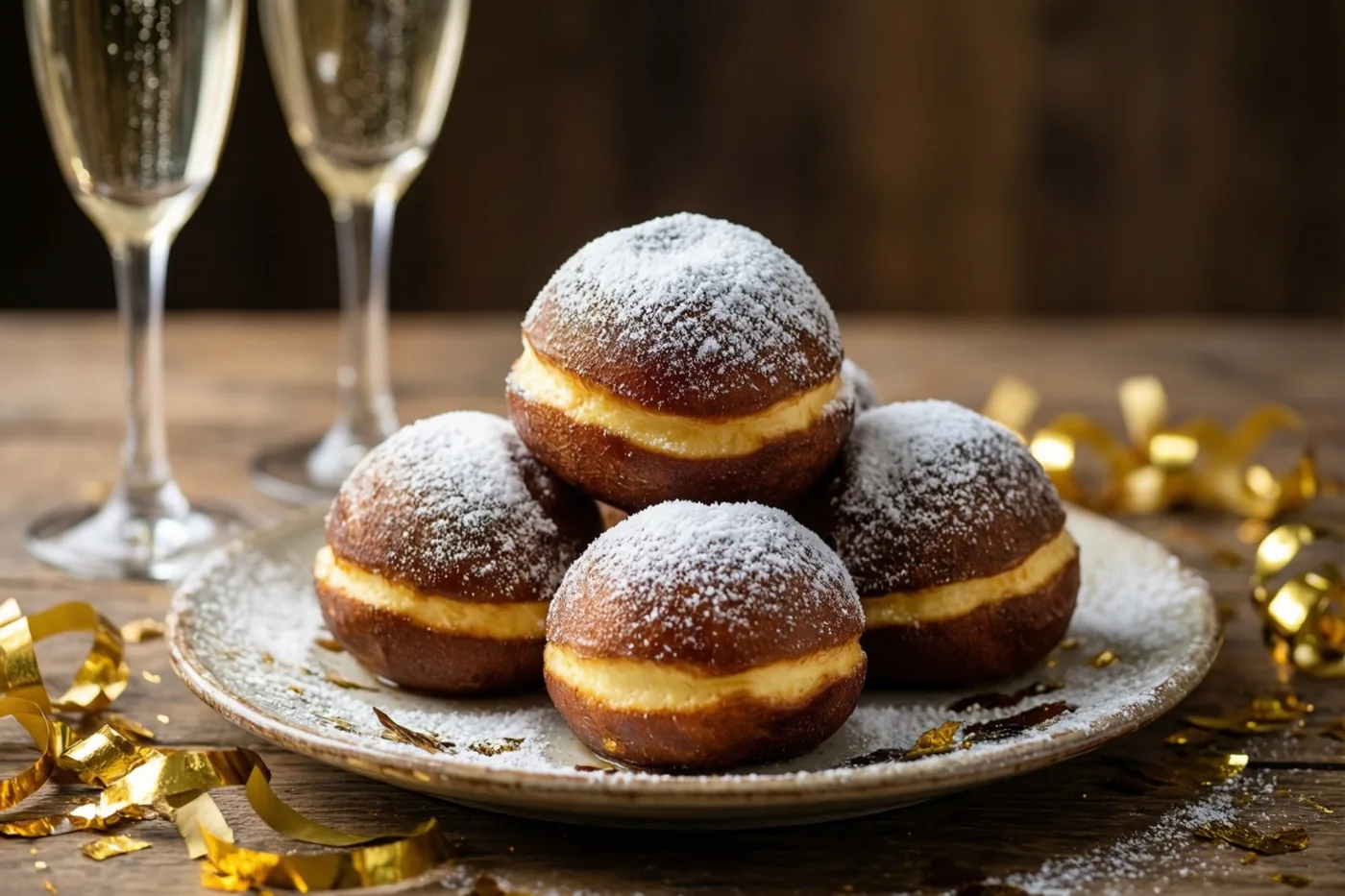 Een bord smoutebollen met poedersuiker staat op een houten tafel naast twee champagneglazen en gouden confetti, met een houten achtergrond in warm licht.