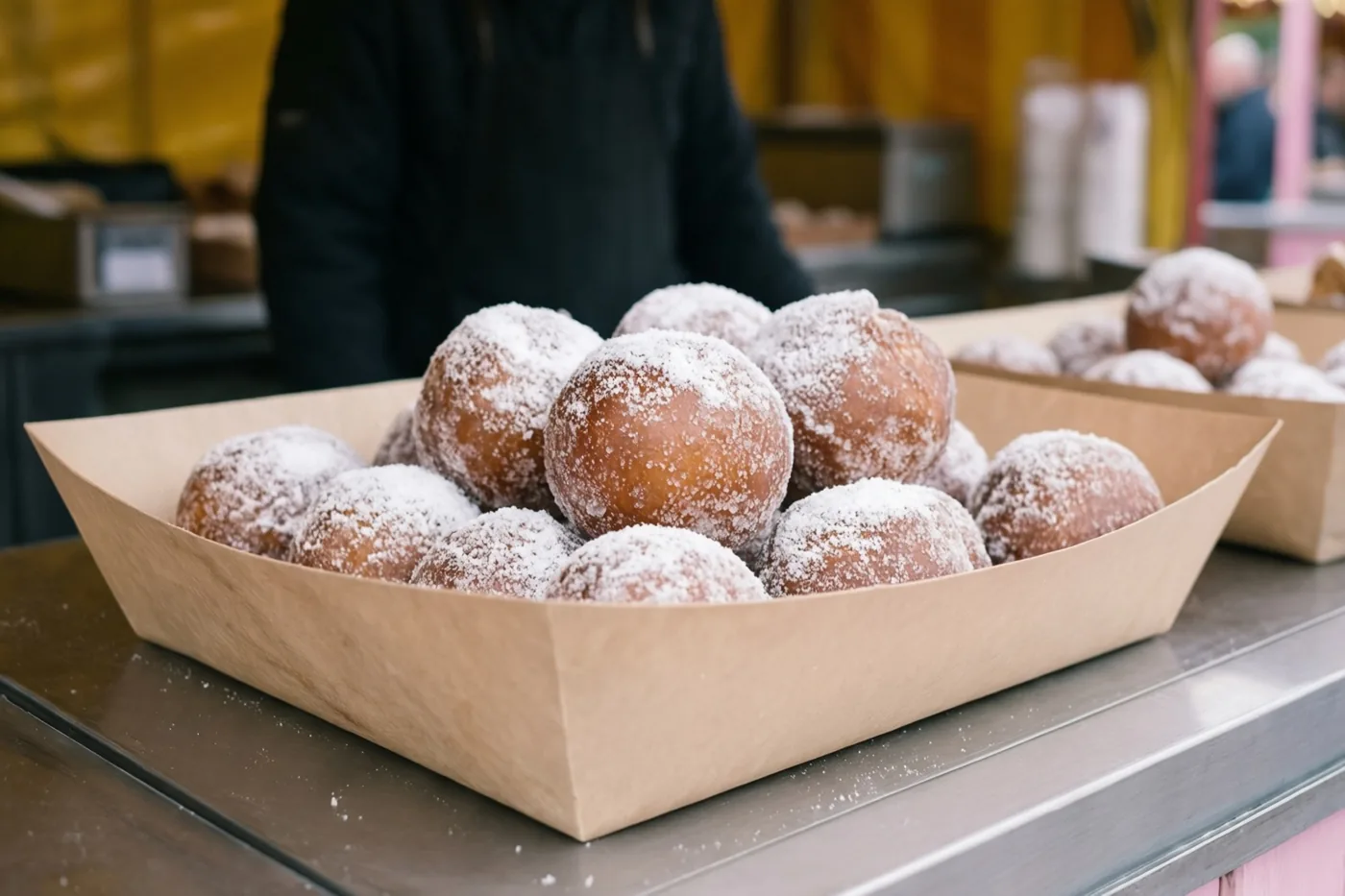 Een papieren bakje met ronde, gesuikerde smoutebollen staat op een metalen toonbank bij een kraam in warm licht met goudbruine tinten.