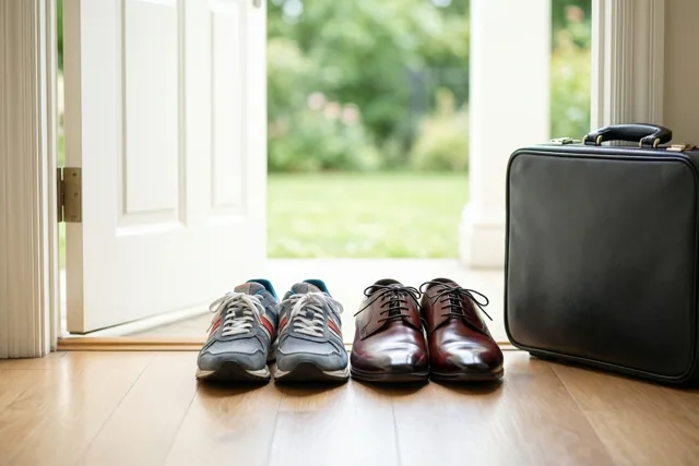 Grijze sneakers en gepoetste bruine geklede schoenen staan naast een zwarte aktetas op een houten vloer bij een open witte deur met zicht op een wazige groene tuin.