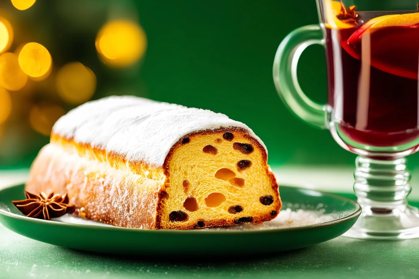 Een snee kerststol met poedersuiker ligt op een groen bord naast een glas glühwein, tegen een groene achtergrond met onscherpe gouden lichtjes.