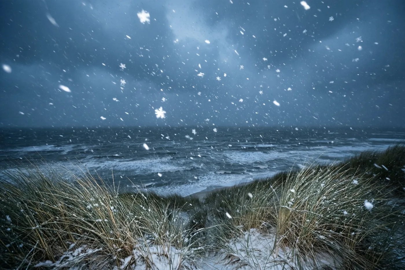 Vanaf duinen met sneeuw en gras is een grijze, stormachtige zee met vallende sneeuwvlokken te zien, in koele blauwe en witte tinten.