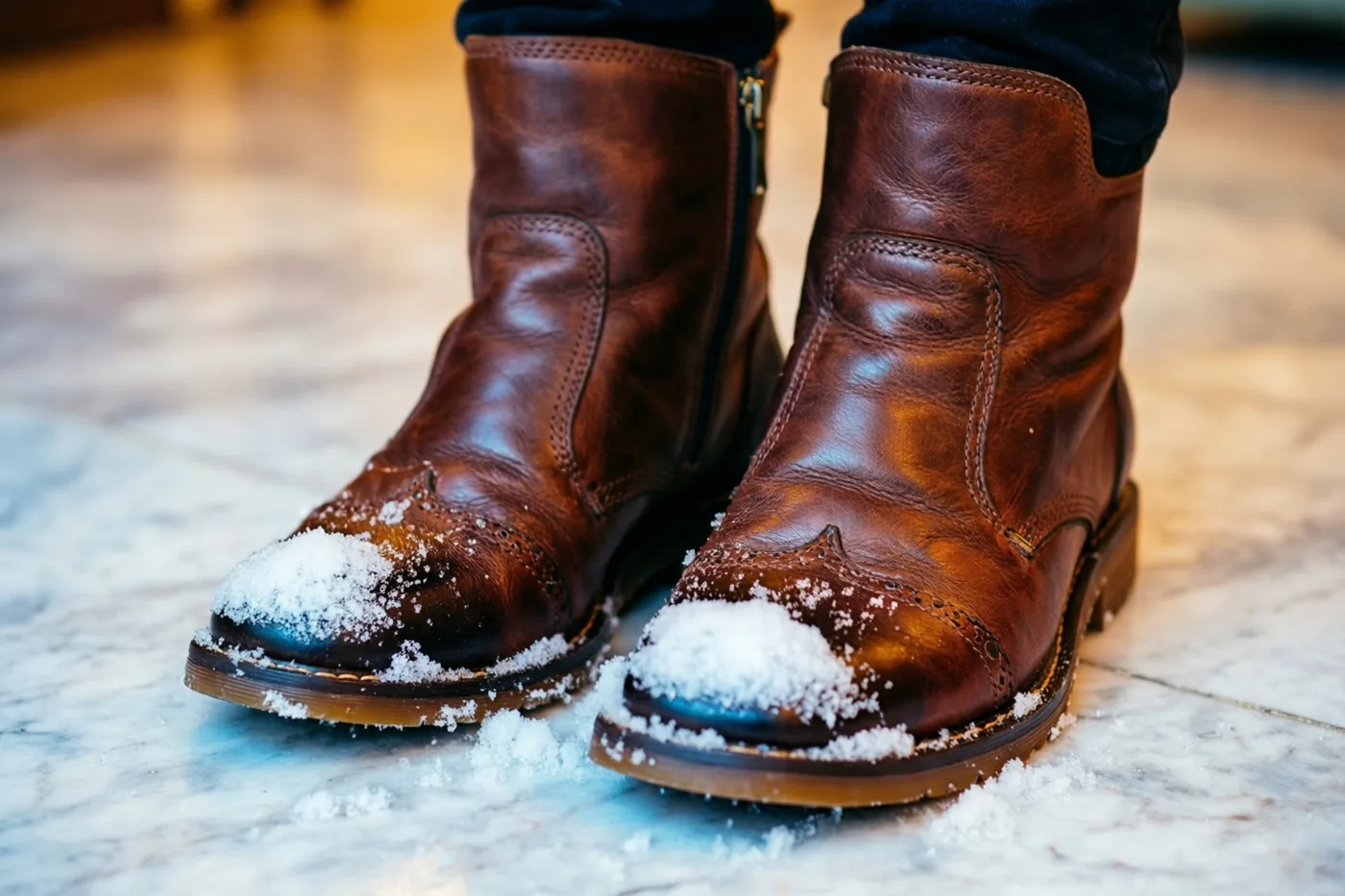 Een close-up toont bruine leren enkellaarsjes met verse sneeuw op de neuzen op een bleke marmeren vloer.