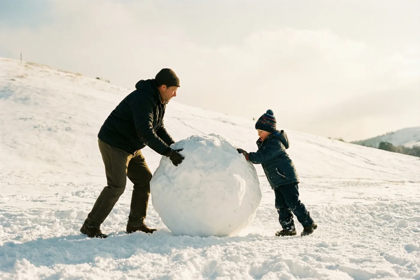 Een vader en een kind duwen een grote sneeuwbal een besneeuwde heuvel op in een wit landschap met zacht, warm licht.