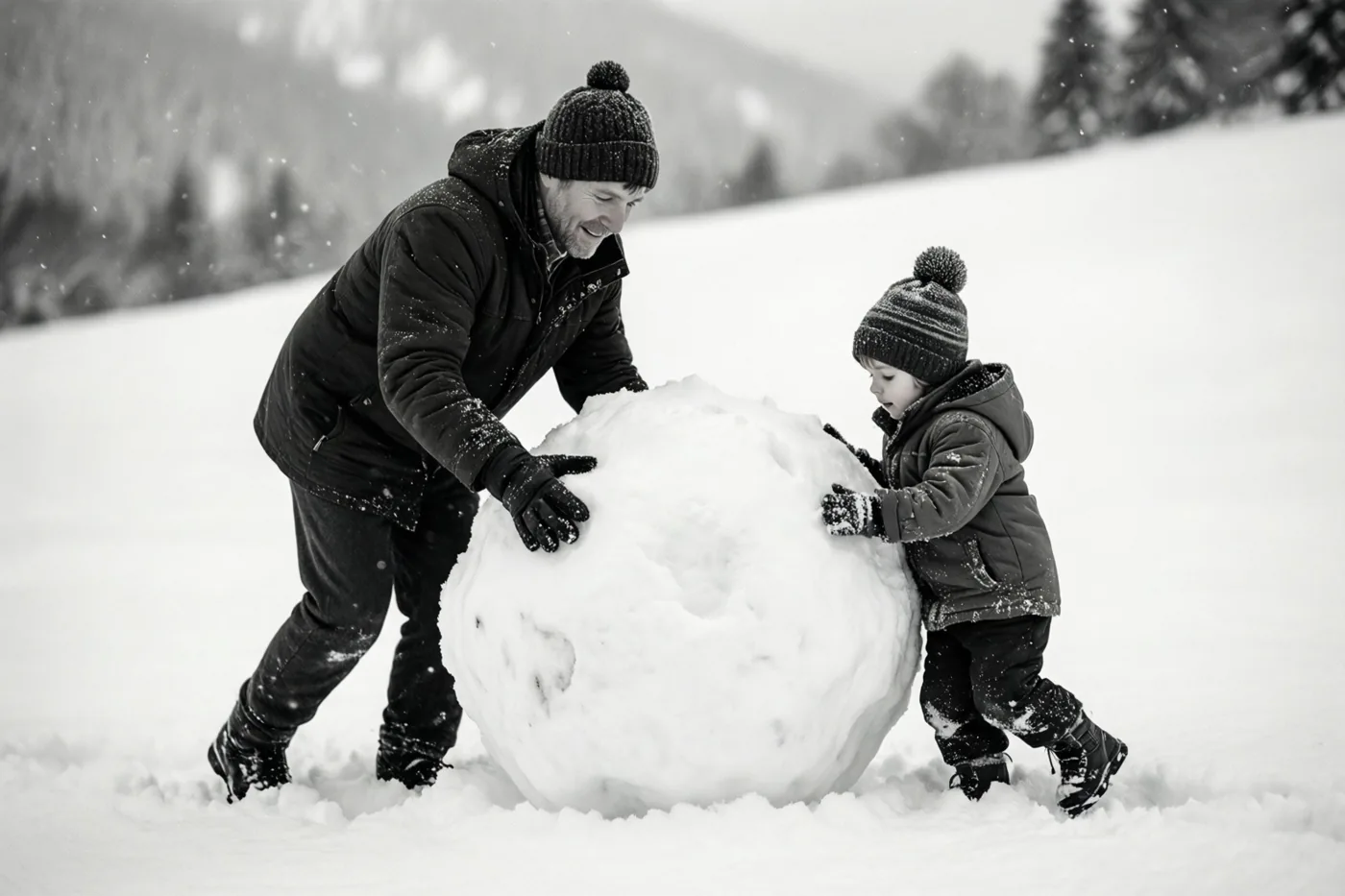 Een zwart-witfoto toont een vader en een kind die samen een grote sneeuwbal over een besneeuwd veld rollen.