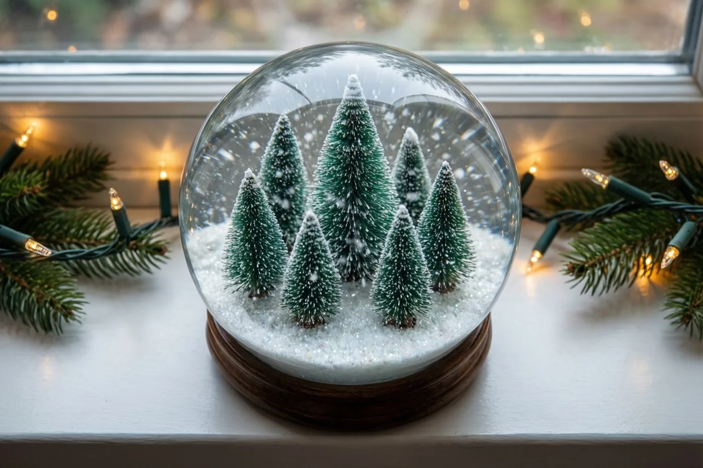 Een sneeuwbol met kleine dennenbomen en dwarrelende glinsterende sneeuw staat op een vensterbank tussen groene dennentakken en warme kerstlichtjes.